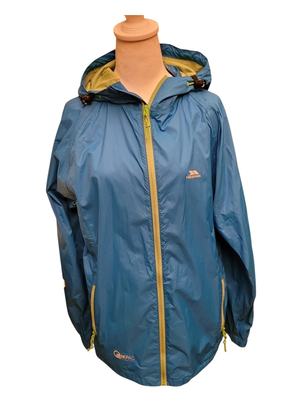 Trespass Blue Hooded Waterproof Jacket with Yellow Trim